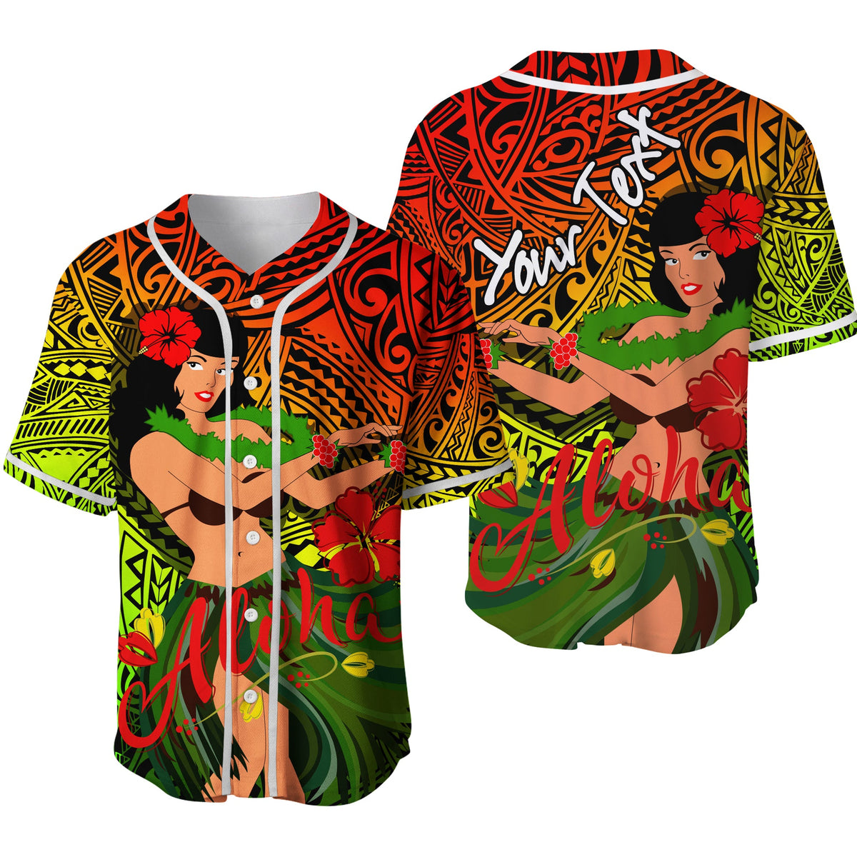 Colorful reggae hula girl baseball jersey with button front and all-over tropical print