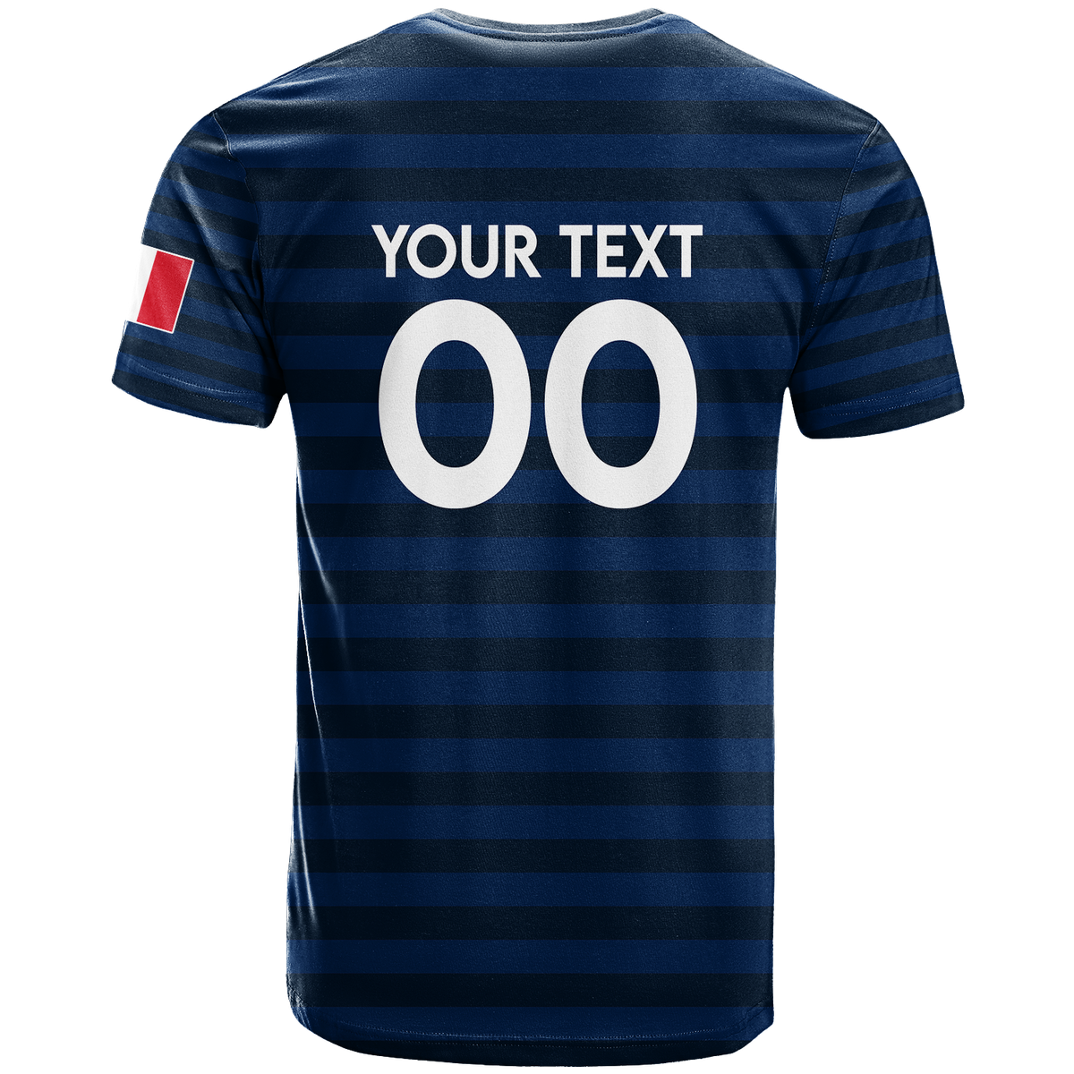 Blue striped football T-shirt with 'YOUR TEXT' and large '00' on back
