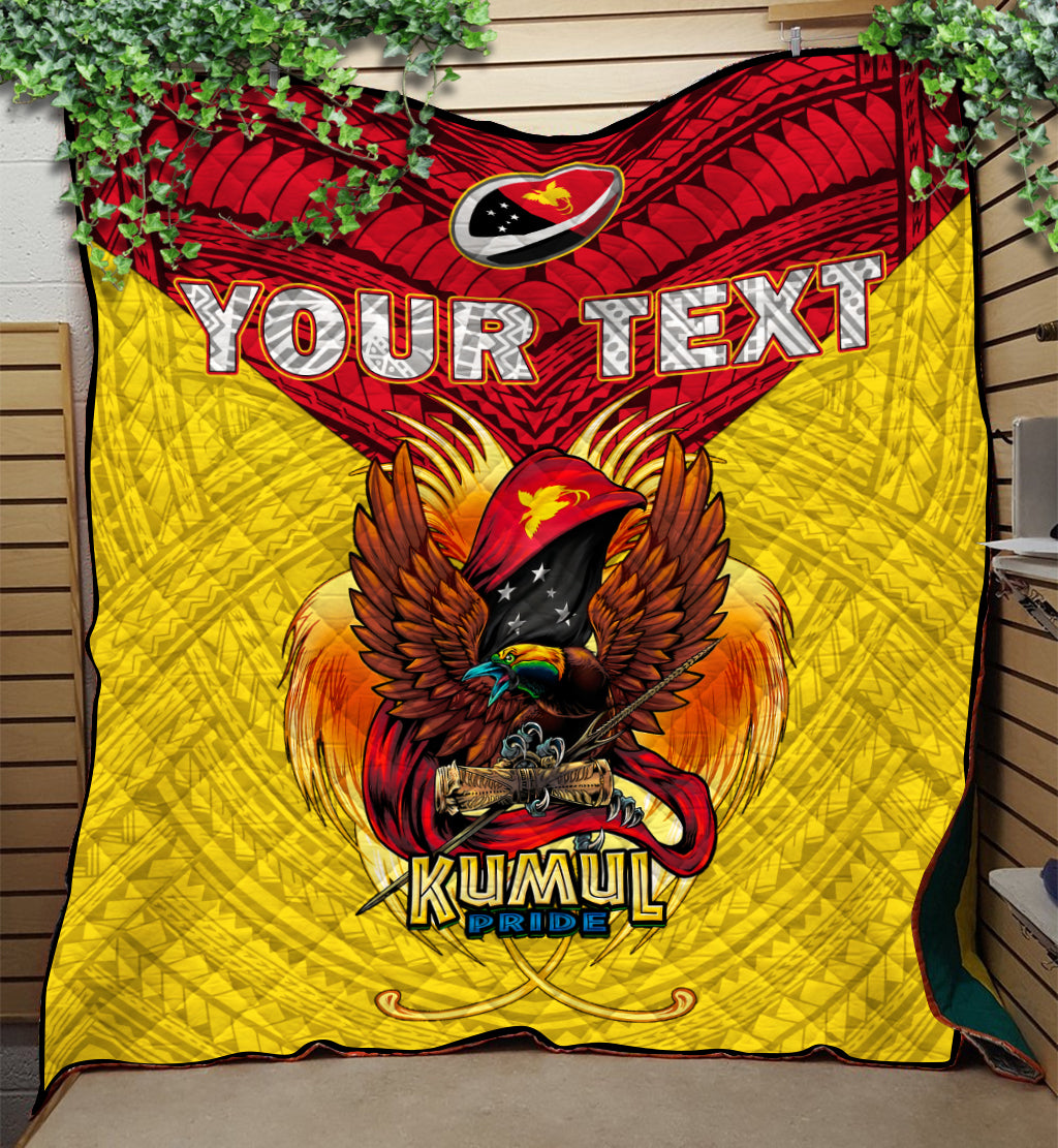 Yellow and red rugby quilt with bird emblem and bold text design