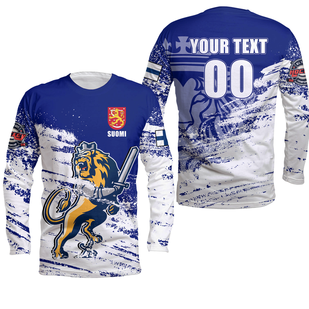 Unisex hockey long sleeve shirt in white and royal blue with lion graphic and number print