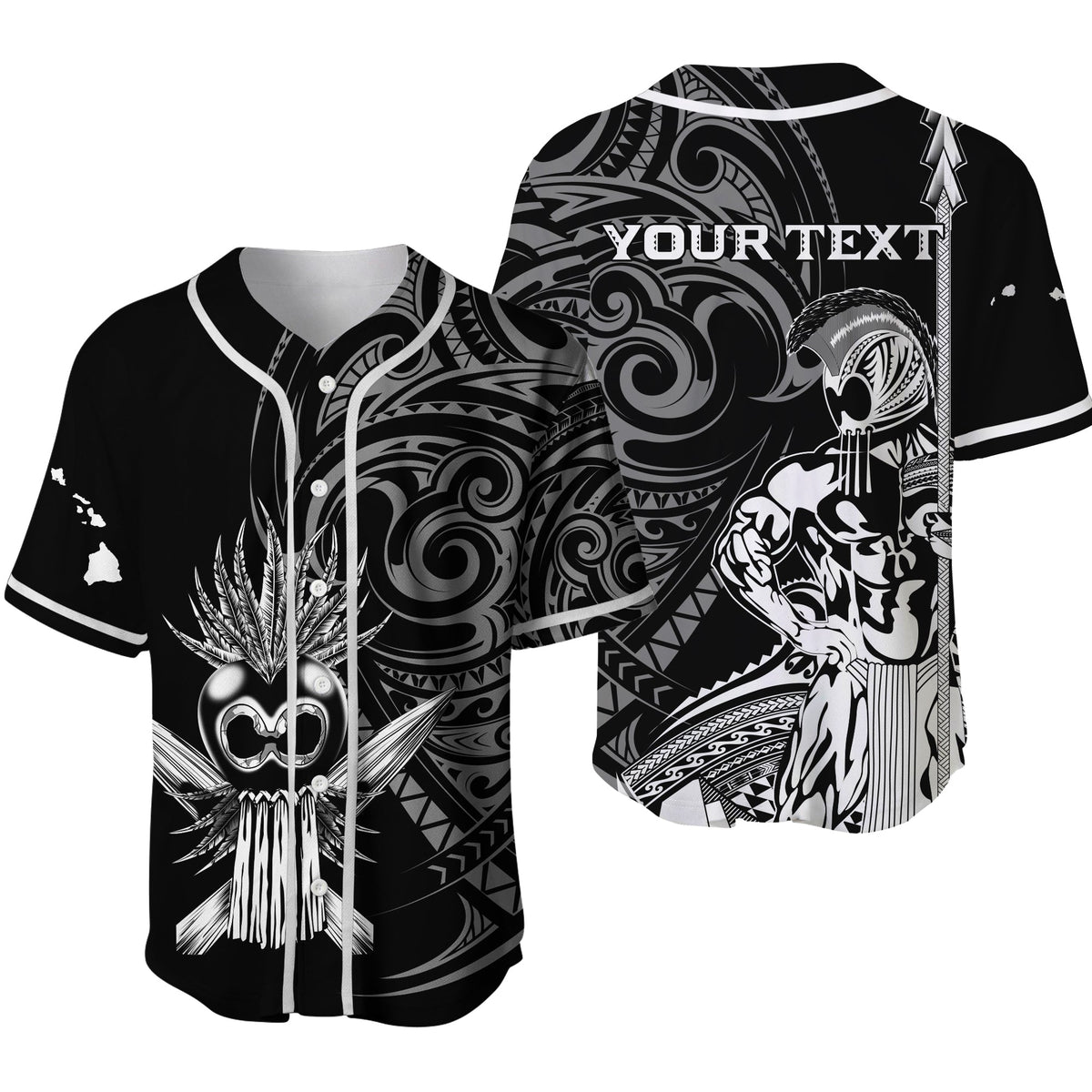 Black baseball jersey with white/gray warrior art and YOURTEXT on back