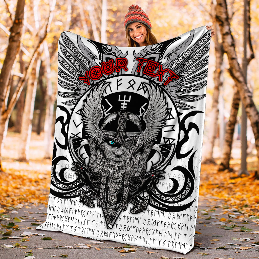 White Viking blanket with Odin head, Huginn and Muninn ravens, black and red runes