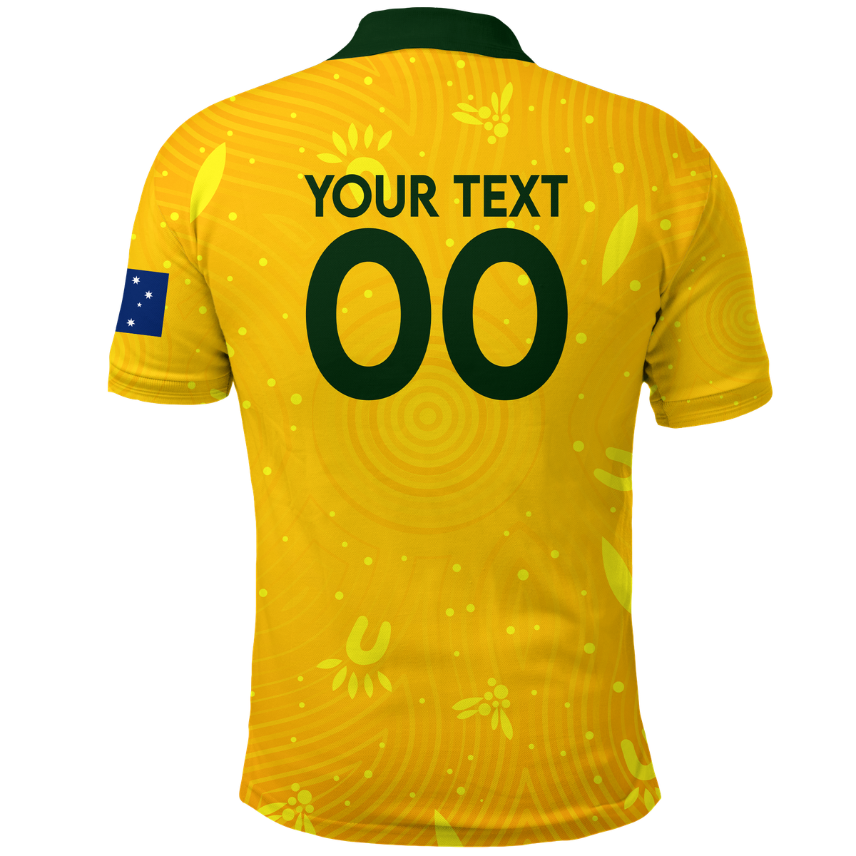 Yellow custom polo shirt with green collar, back 00 graphic and custom text
