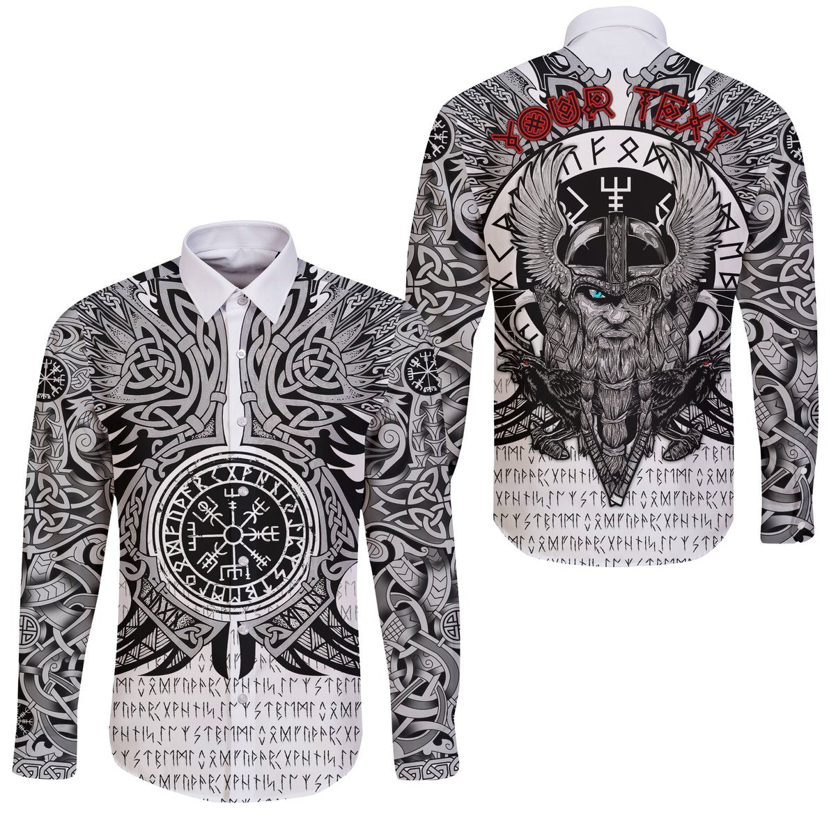 White long-sleeve button shirt with black Viking compass and raven print, unisex