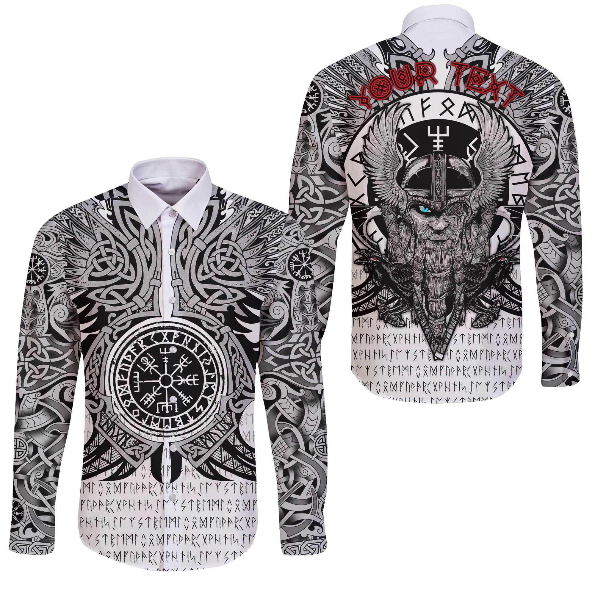 ( Custom Personalised) Viking Vegvisir Odin With Huginn And Muninn Long Sleeve Button Shirt - LT2 - Wonder Print Shop