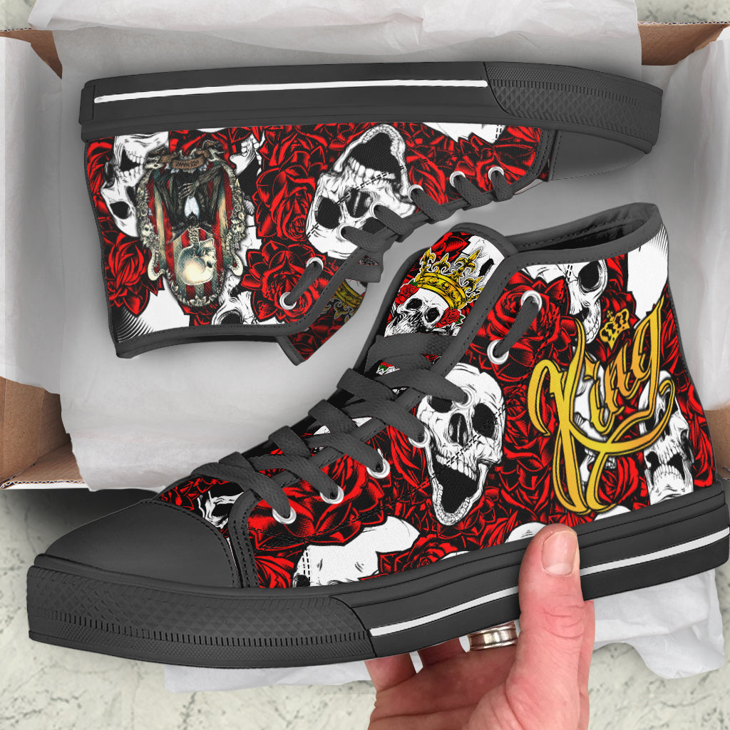 High-top canvas shoes with red rose and skull print, lace-up, black sole