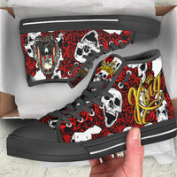 High-top canvas shoes with red rose and skull print, lace-up, black sole