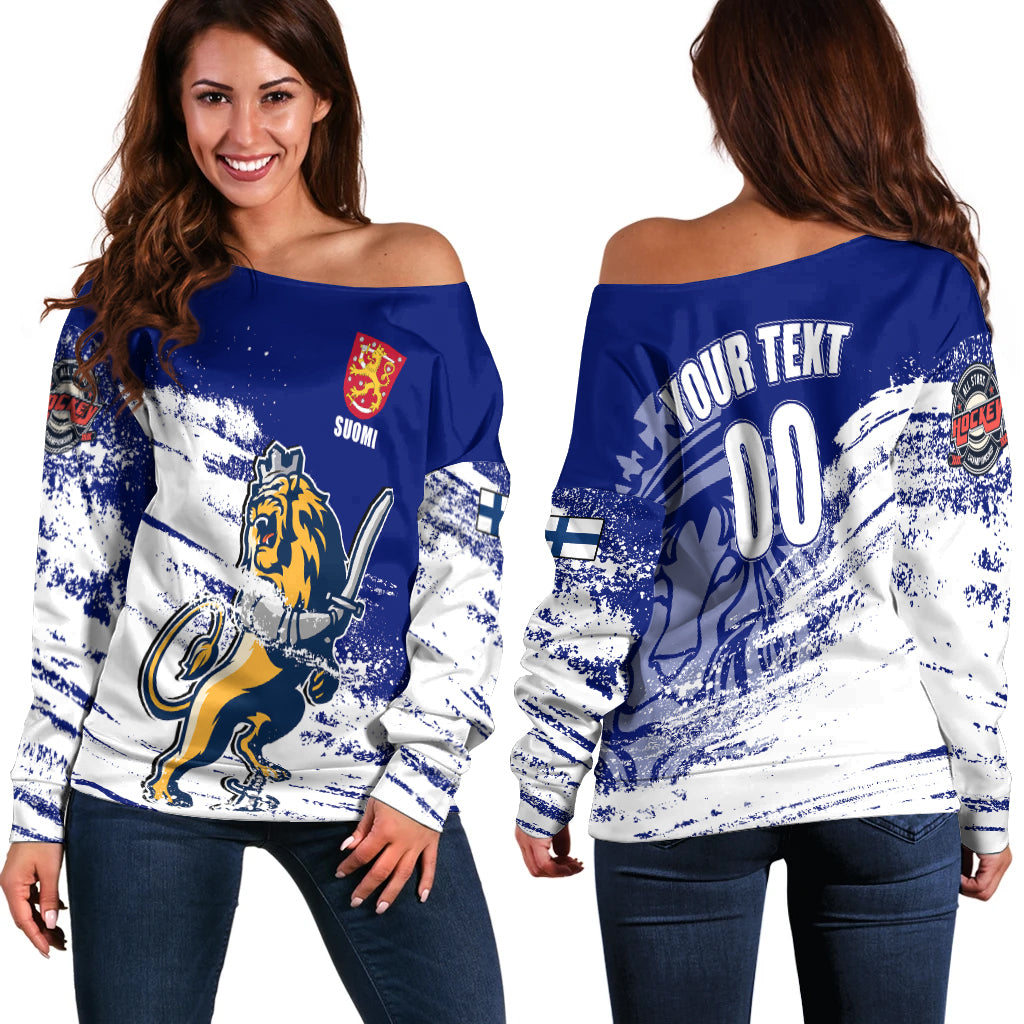 Women’s off-shoulder hockey sweater, blue/white, lion graphic and 'YOUR TEXT 00' print