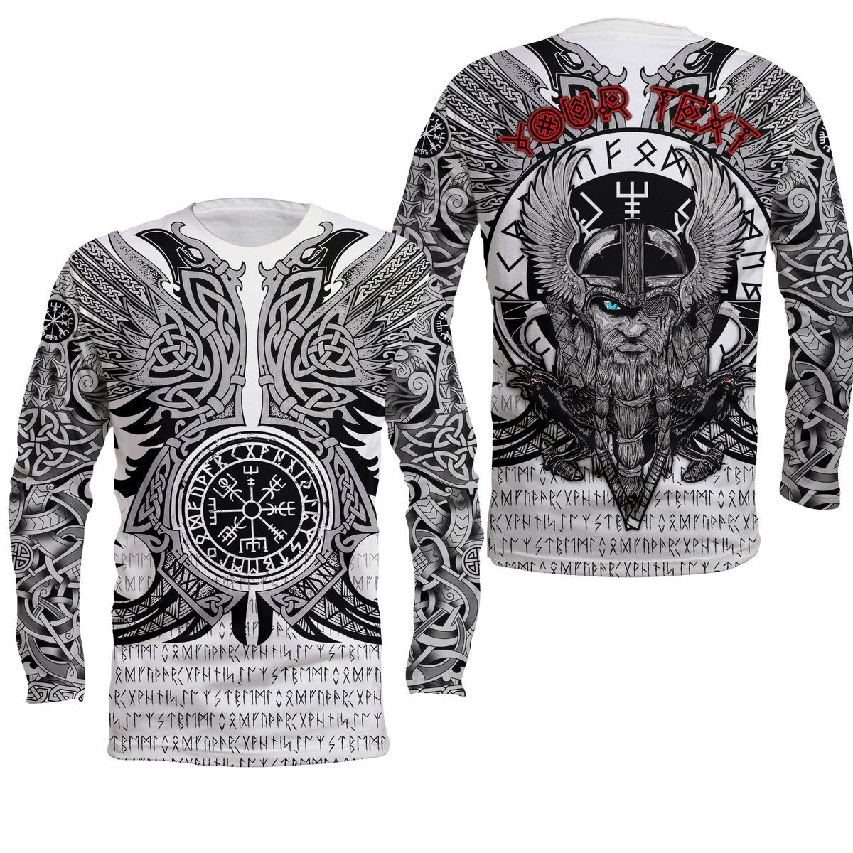 Unisex long sleeve Viking shirt in white with black Norse patterns and Odin figure