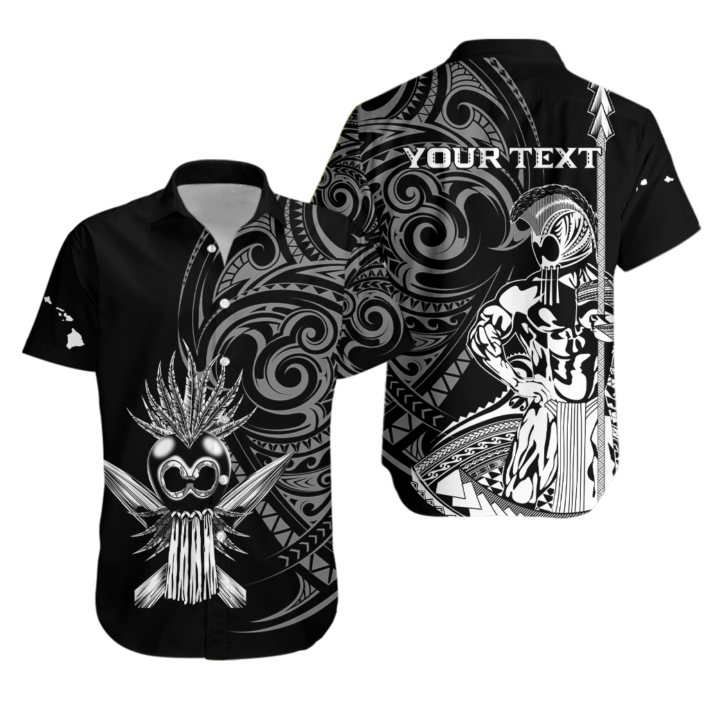 Black Hawaiian shirt with bold tribal warrior graphic and 'YOURTEXT' on back, button-up