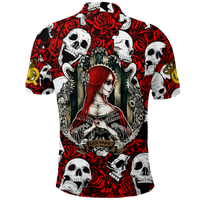 Red polo shirt with skull and rose print, queen portrait center and repeating skeletons