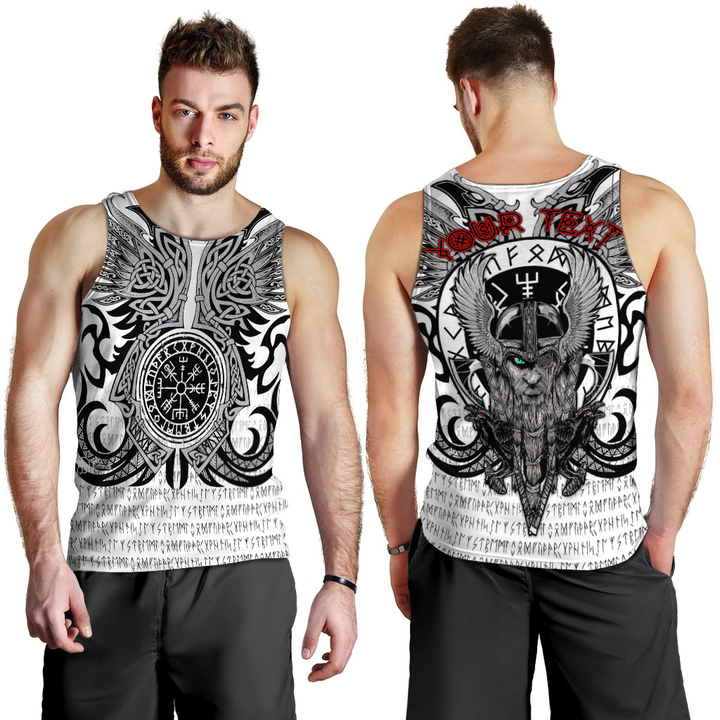 Men's white tank top with black rune and skull graphic, red accents