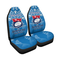 Set of 2 blue Samoa Rugby seat covers with shield logo and 'YOUR TEXT' headrests