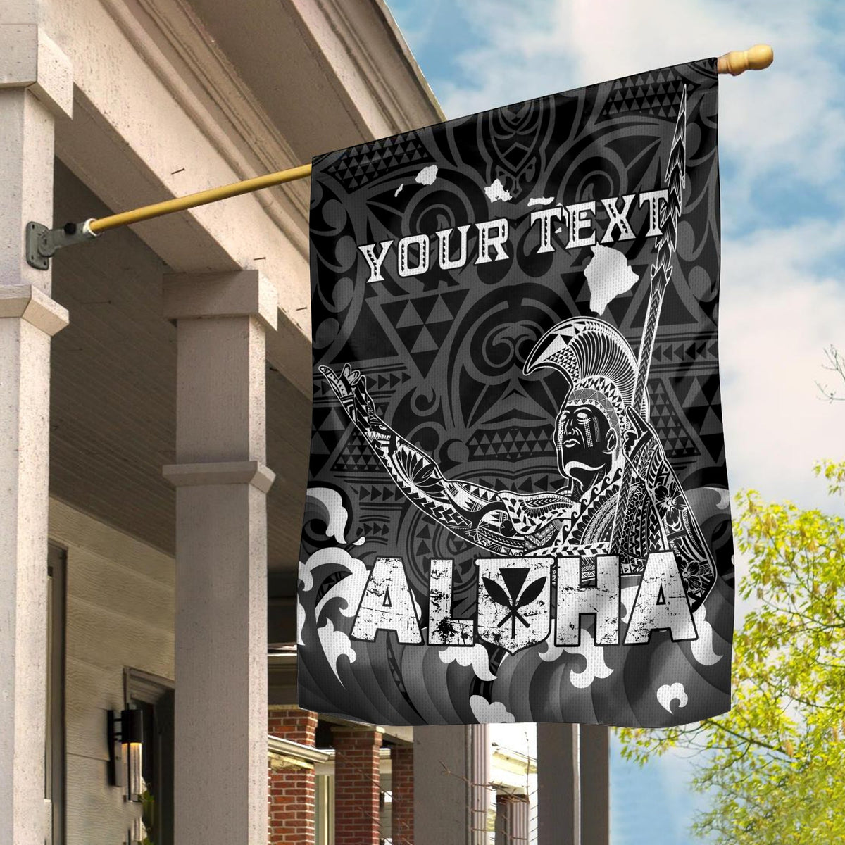 Black patterned flag with detailed face artwork and large "YOUR TEXT" lettering