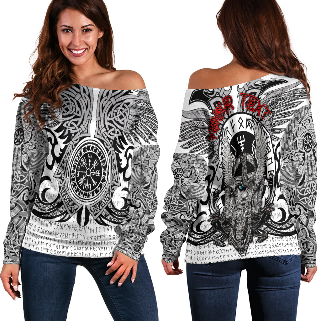 Women’s off-shoulder sweater in white and black with Viking rune and raven print