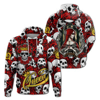 Red and black skull rose queen hoodie, front and back views with full graphic print
