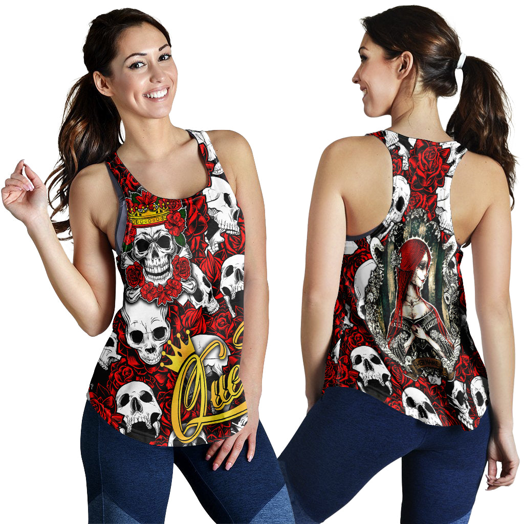 Women's graphic skull and rose tank top, red black white, racerback sleeveless