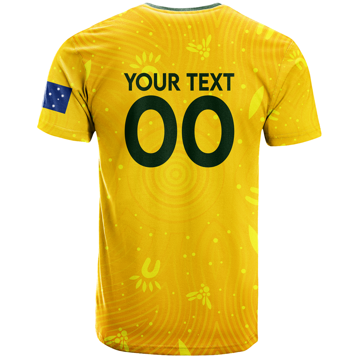 Yellow soccer jersey T-shirt with black trim, flag patch, and big '00' graphic