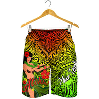 Men's tropical hula girl shorts hanging, green and orange geometric print with flowers