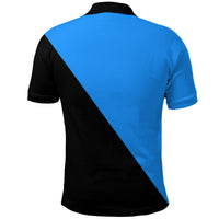 Polo shirt back view in black and blue with diagonal colorblock panel