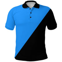 Black and blue polo shirt with black collar, button placket, diagonal colorblock
