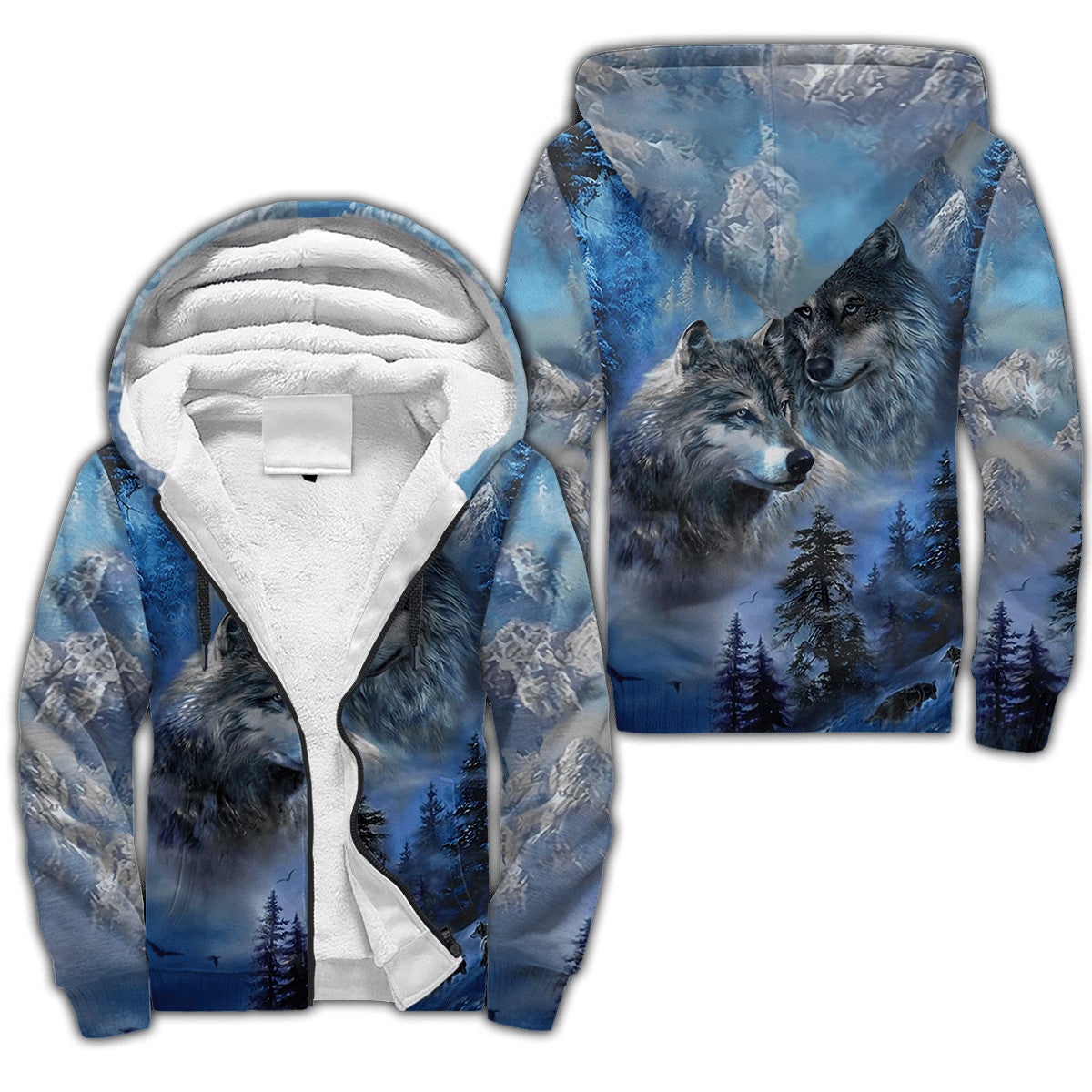 Unisex sherpa hoodie with all-over blue wolf and mountain scene print