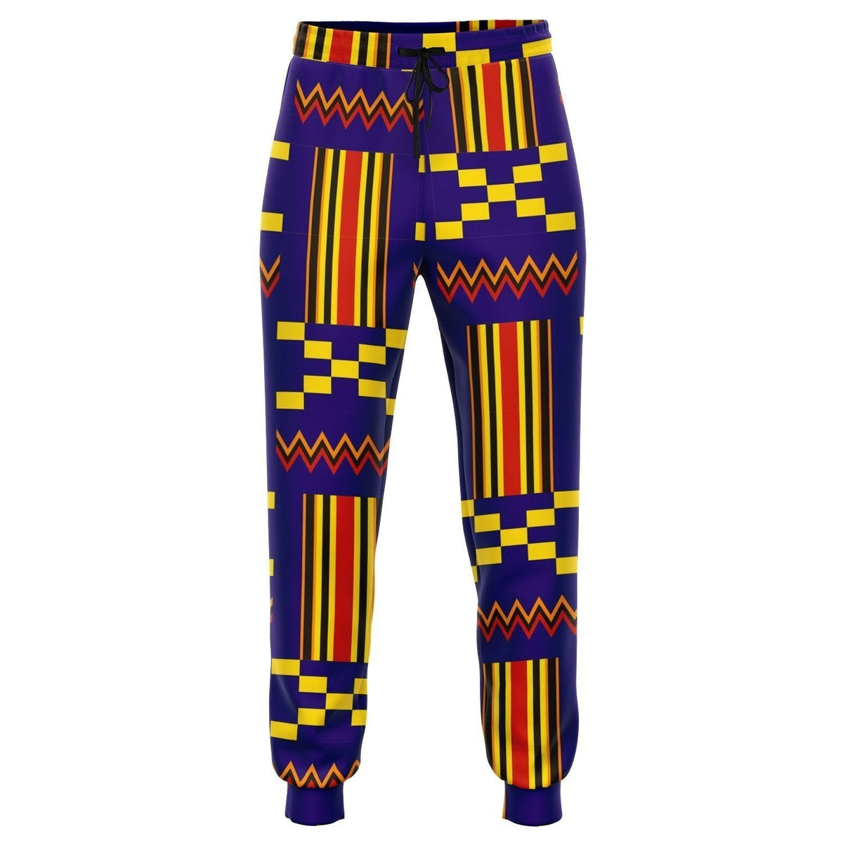 Blue Akan kente jogger pants with multicolor geometric stripe print