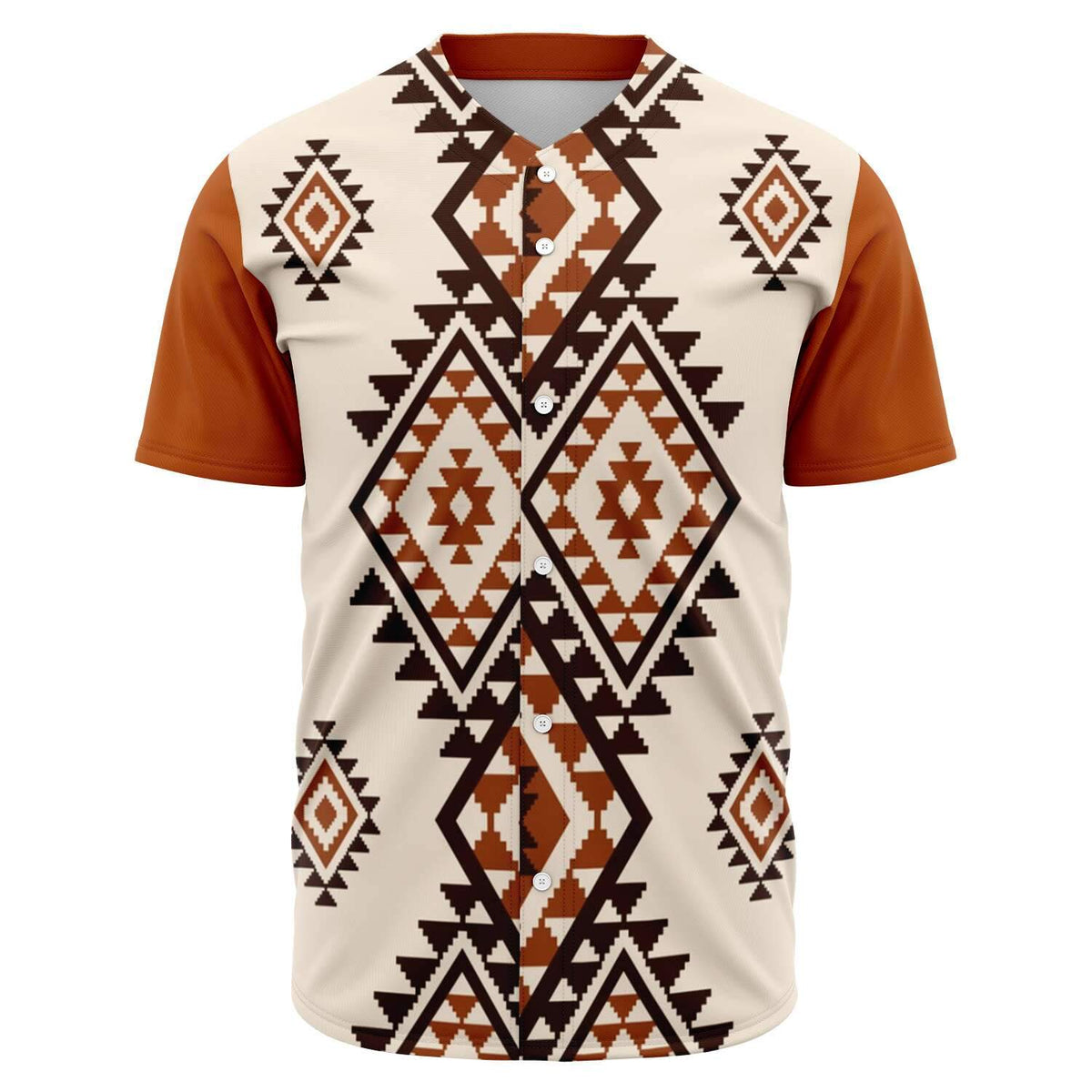Native geometric baseball jersey in cream with rust sleeves and button-front V-neck