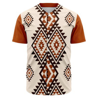 Native geometric baseball jersey in cream with rust sleeves and button-front V-neck