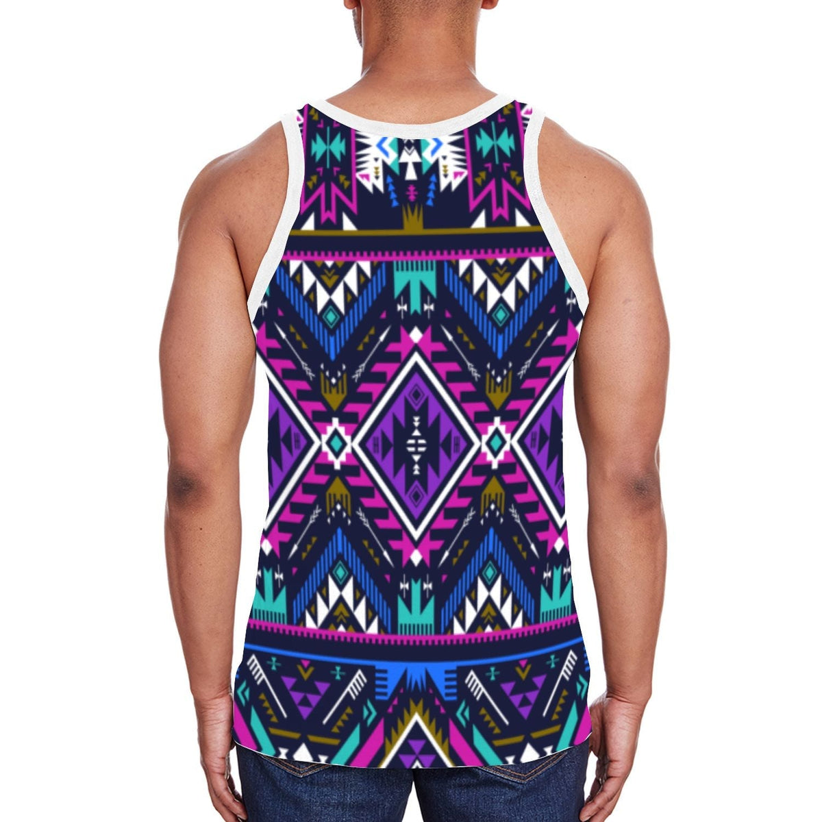 Back view men's tank top with purple, teal, and pink geometric tribal banded print