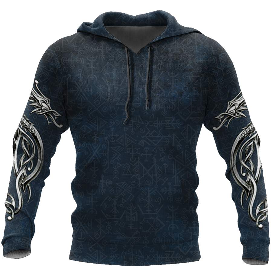 Dark blue zip hoodie with dragon tattoo style sleeve art and front hood pocket