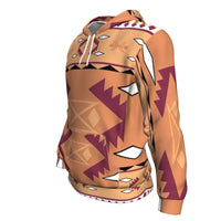 Pullover hoodie side view with large tribal star and arrow motifs in purple and tan