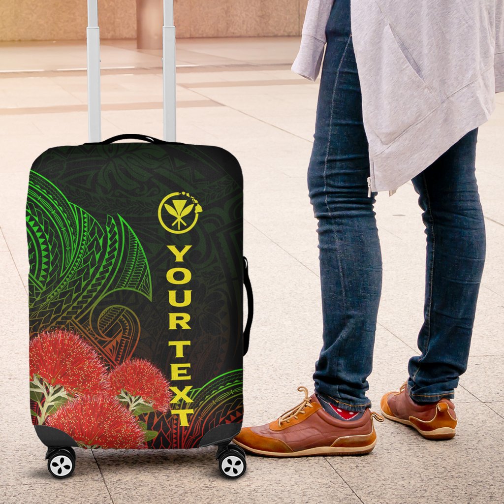 Black luggage cover with green leaf pattern, red flowers, and yellow “YOUR TEXT”