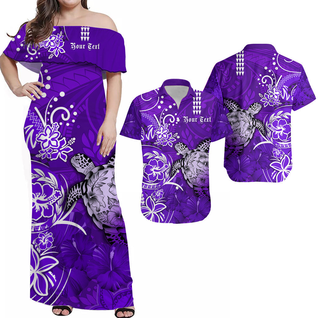 Purple off-shoulder maxi dress: honu turtles, hibiscus flowers, 'Your Text' print.