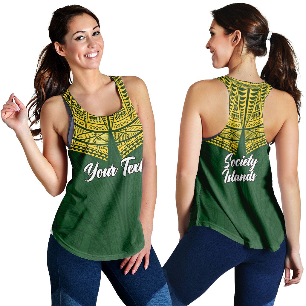 Grünes Damen-Tanktop mit gelbem Muster und Aufdruck „Society Islands“ (Rückansicht)