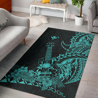 Turquoise Polynesian ukulele area rug, floral and ukulele icons on dark background