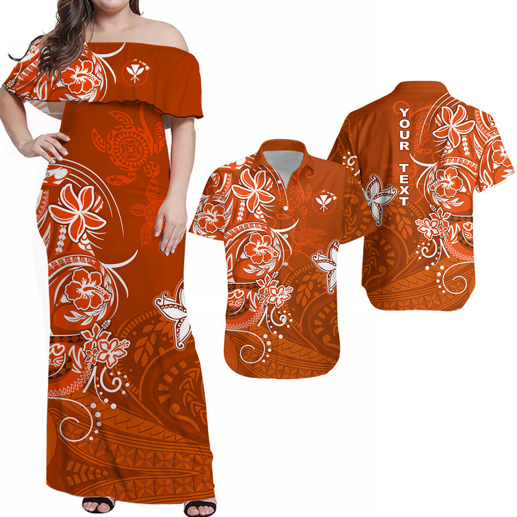 Orange off-shoulder maxi dress with white hibiscus and sea turtle island print