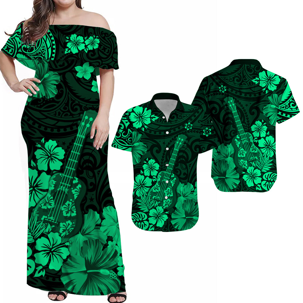 Green off-shoulder maxi dress with hibiscus and ukulele guitar print