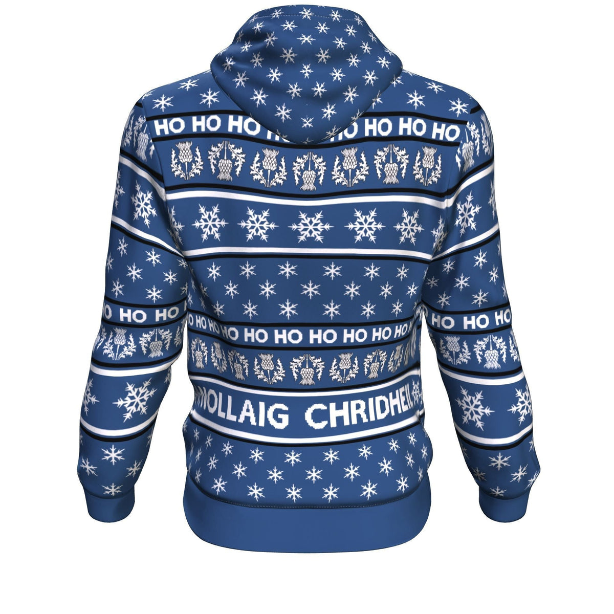Deep cobalt blue pullover hoodie back with snowflake stripes and 'NOLLAIG CHRIDIHEIL' band