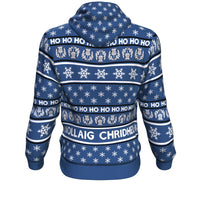 Deep cobalt blue pullover hoodie back with snowflake stripes and 'NOLLAIG CHRIDIHEIL' band