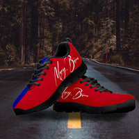 Haiti flag sneakers, red upper with blue side panel, "Mary Barcus" script, black sole