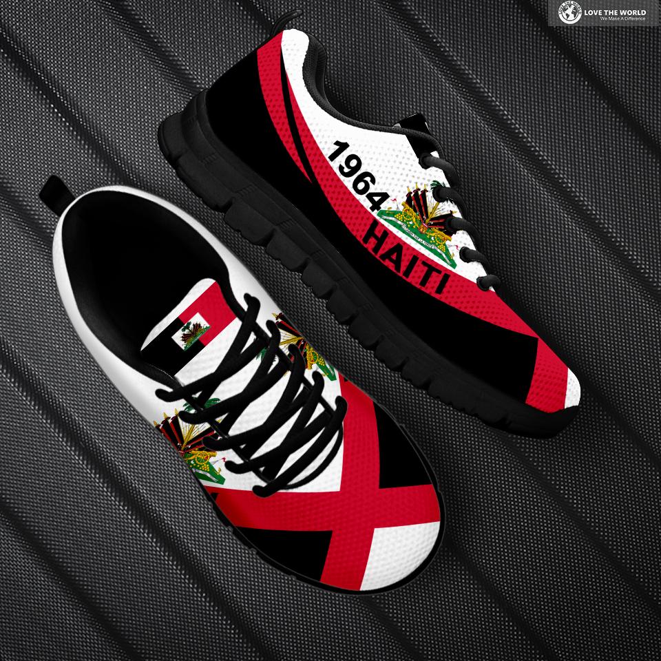 Haiti 1964 flag design black sneakers, white laces and trim, side and front graphics