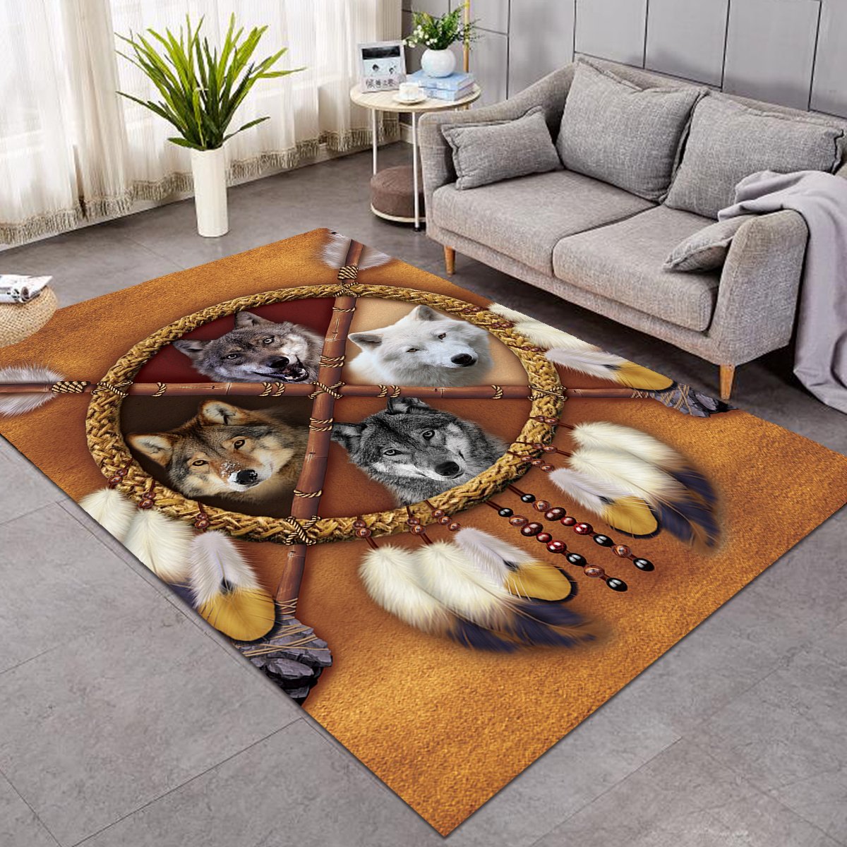 Wolf dreamcatcher area rug with circular wolf faces and feather accents, multicolor