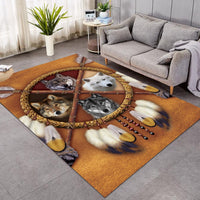 Wolf dreamcatcher area rug with circular wolf faces and feather accents, multicolor