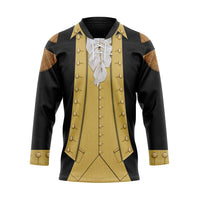 Hockey jersey with black sleeves and gold decorative panels, lace-up V-neck front