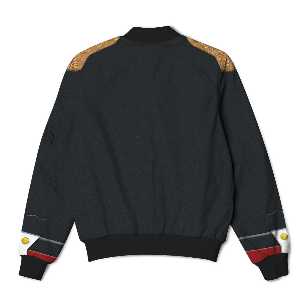 Black bomber jacket with gold shoulder panels and red-striped cuffs and hem