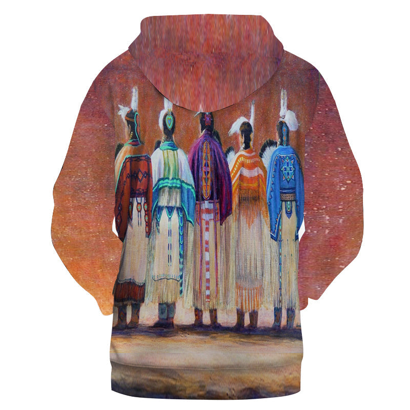 Native chief graphic pullover hoodie, multicolor, back view with full-hood art
