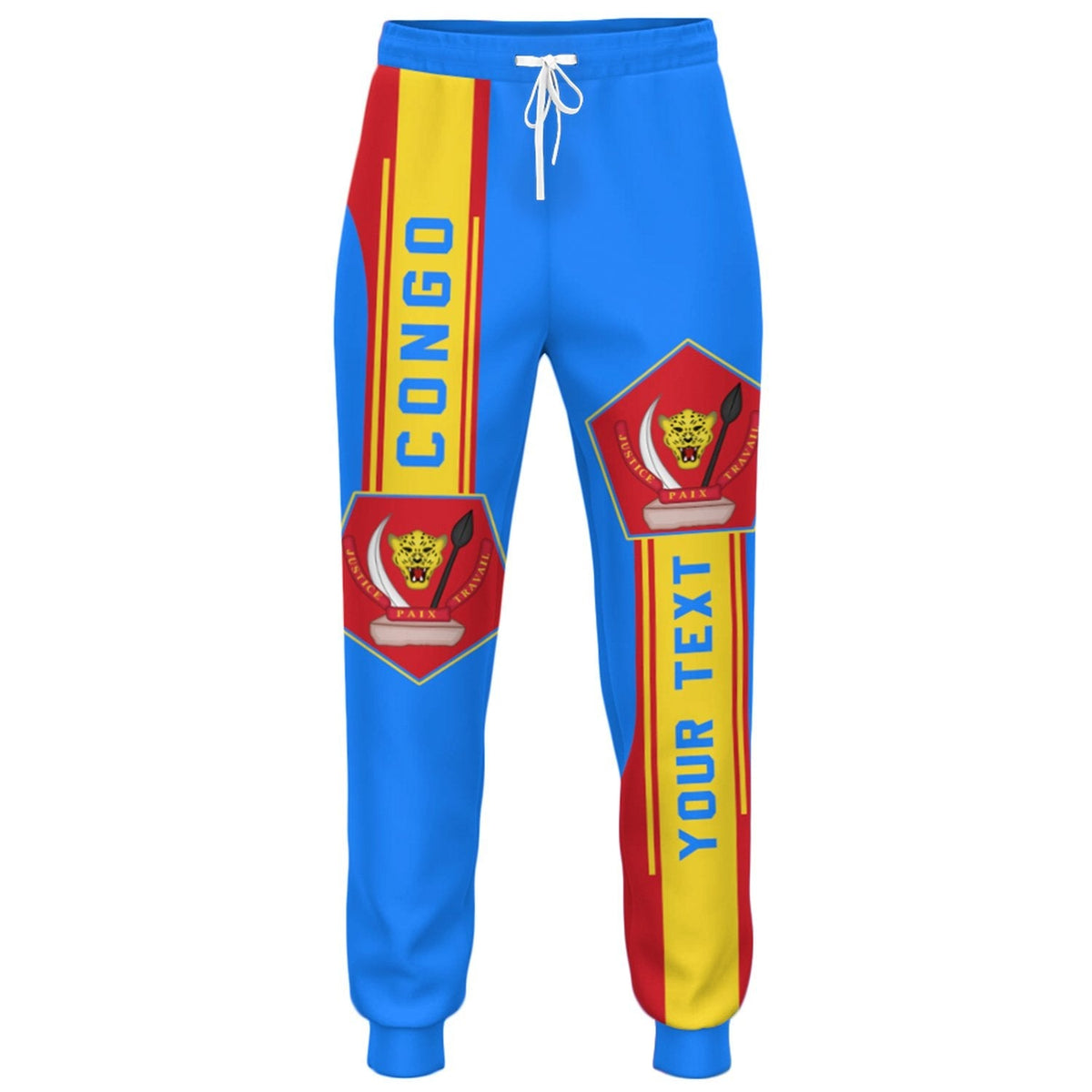 Blue joggers with drawstring waist, multicolor side panels and emblem graphic