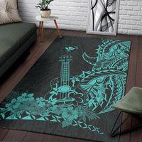 Turquoise Polynesian area rug with ukulele, palm leaves and hibiscus flowers on dark base