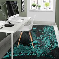 Turquoise Polynesian area rug in office, ukulele, wave and leaf design on dark background